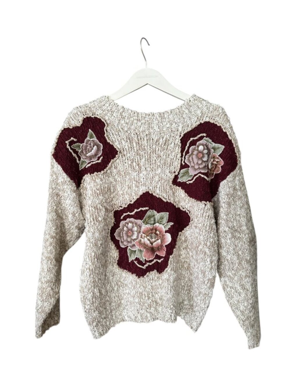 Vintage Shenanigans Sweater-Sz S-Beige Burgundy Floral Appliqué Boucle Cottage